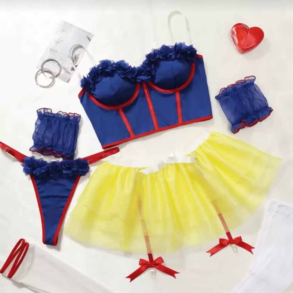 Blue and Yellow Lingerie Set with Red Accents